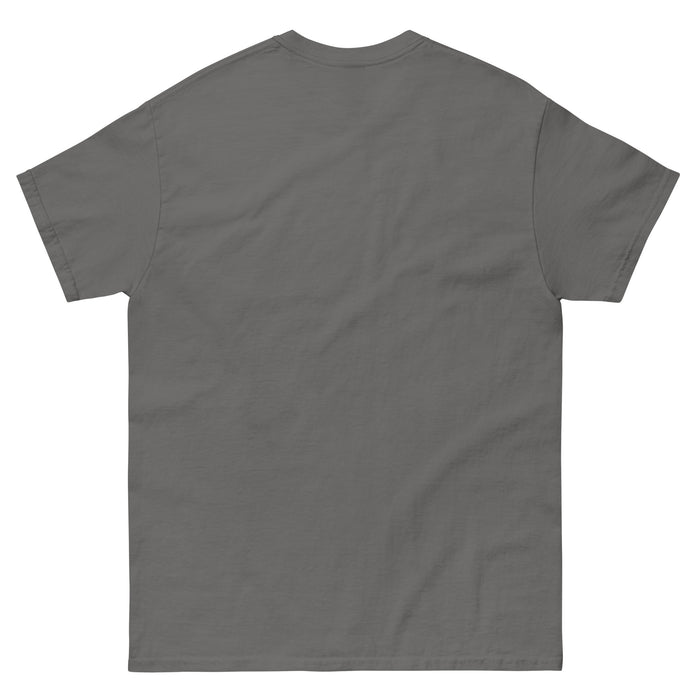 Blank dark grey short-sleeve t-shirt, back view. Plain charcoal crew neck tee for apparel design mockup.
