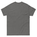 Blank dark grey short-sleeve t-shirt, back view. Plain charcoal crew neck tee for apparel design mockup.