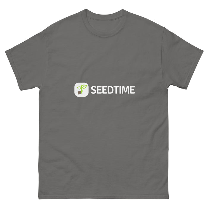 Heather gray Seedtime t-shirt with logo: white square icon showing a sprouting seed, beside "SEEDTIME" text. Garden apparel.
