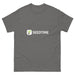 Heather gray Seedtime t-shirt with logo: white square icon showing a sprouting seed, beside "SEEDTIME" text. Garden apparel.