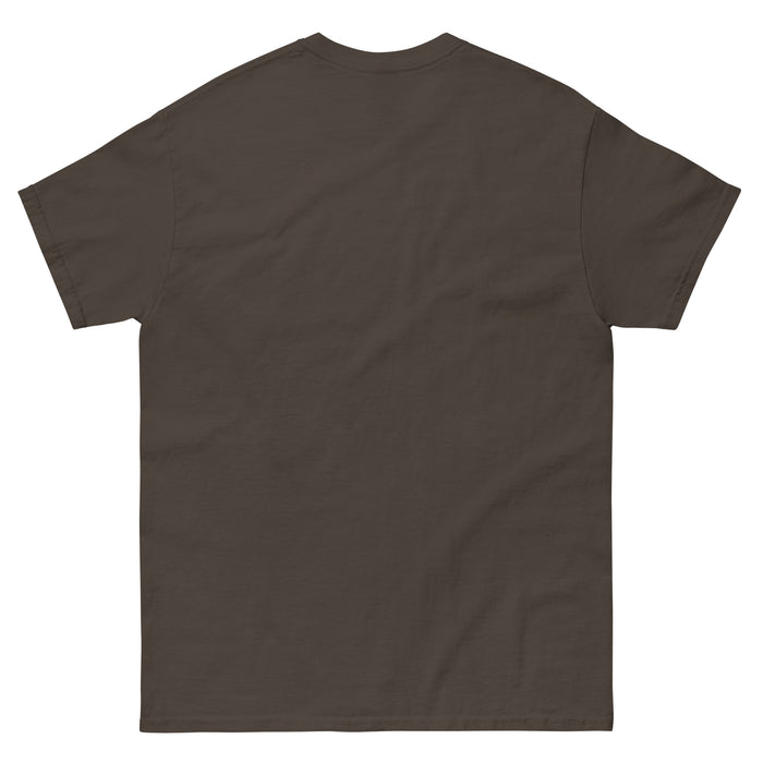 Plain dark brown t-shirt, back view. Comfortable unisex blank casual tee.