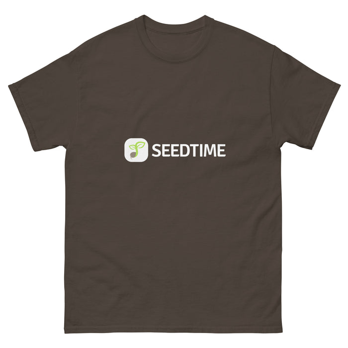 Brown Seedtime t-shirt with plant sprout logo. Gardening apparel, comfortable short-sleeve tee.