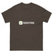 Brown Seedtime t-shirt with plant sprout logo. Gardening apparel, comfortable short-sleeve tee.