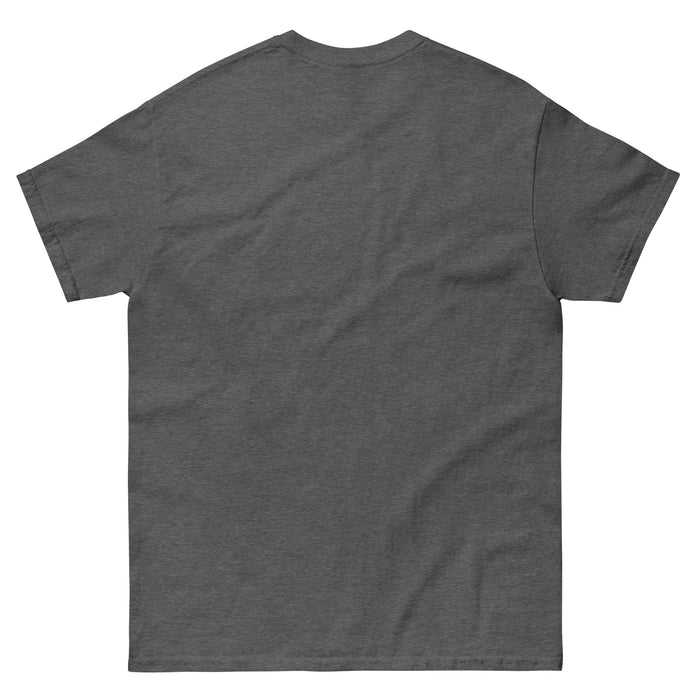 Plain dark grey t-shirt, back view. Blank charcoal heather crewneck tee for custom designs or casual wear.