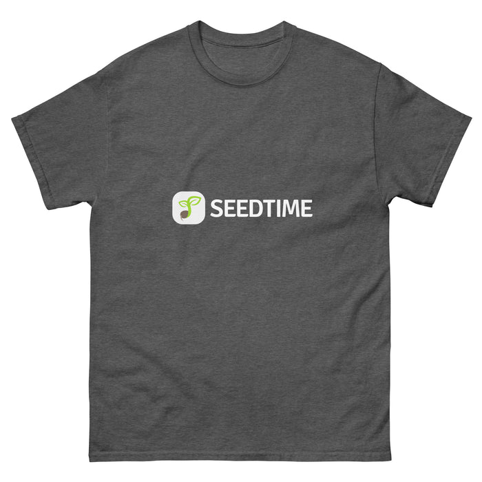 Heather charcoal Seedtime t-shirt with white logo and green sprout icon, ideal gardening apparel.
