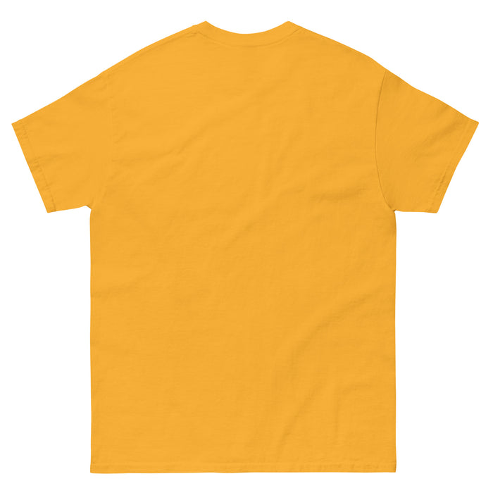 Blank golden yellow short-sleeve t-shirt, back view. Plain mustard yellow crew neck tee, comfortable apparel.