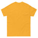 Blank golden yellow short-sleeve t-shirt, back view. Plain mustard yellow crew neck tee, comfortable apparel.