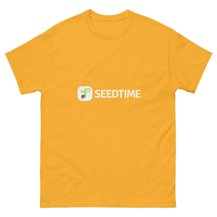 Mustard yellow Seedtime t-shirt with plant sprout logo. Perfect gardening apparel for plant lovers.