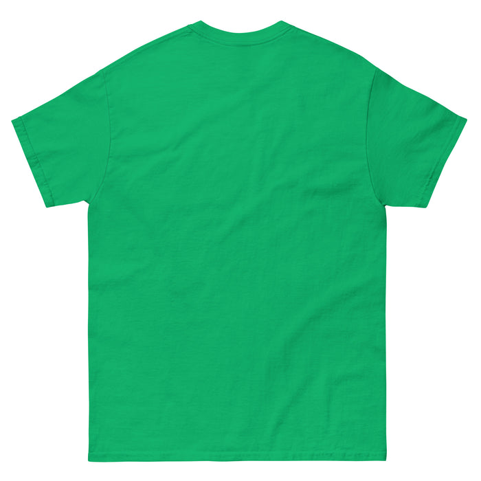 Green short sleeve crew neck t-shirt, back view. Blank cotton tee, perfect for custom designs.