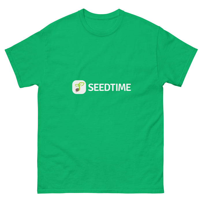 Vibrant green t-shirt featuring the white Seedtime logo with a plant sprout icon. Perfect gardening apparel.