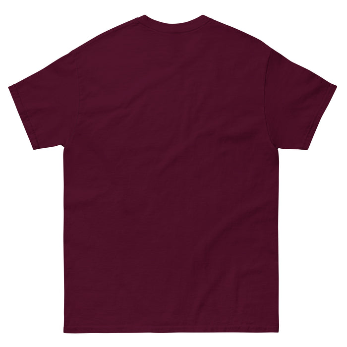 Blank maroon short sleeve t-shirt, back view. Ribbed crew neck collar. Plain burgundy tee.