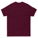 Blank maroon short sleeve t-shirt, back view. Ribbed crew neck collar. Plain burgundy tee.