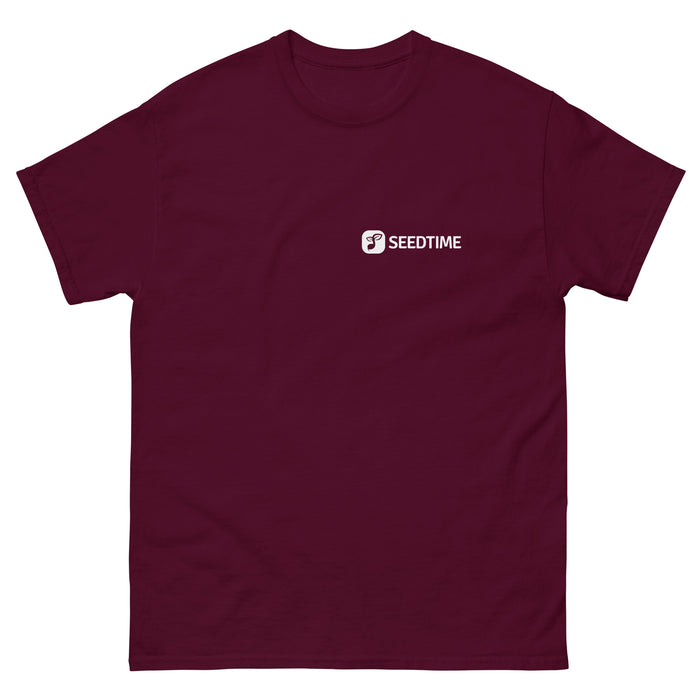 Maroon Seedtime t-shirt with white logo on left chest, crew neck, short sleeve apparel.