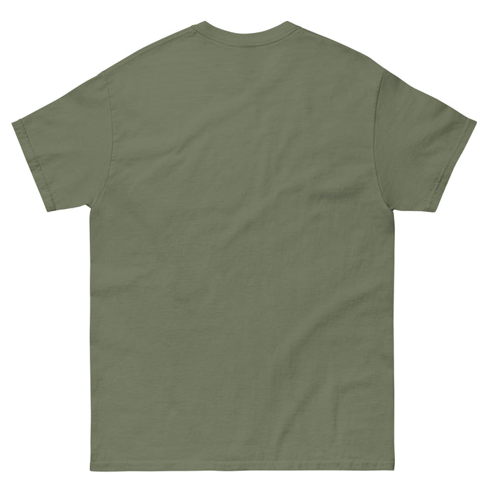 Plain olive green short sleeve t-shirt, back view. Comfortable unisex crew neck tee, casual apparel.