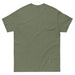 Plain olive green short sleeve t-shirt, back view. Comfortable unisex crew neck tee, casual apparel.