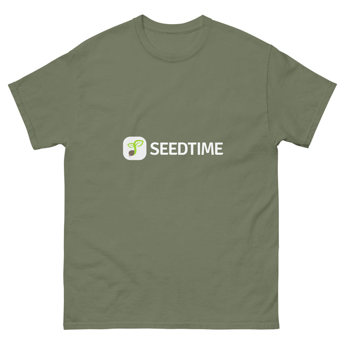 Olive green Seedtime logo t-shirt. White square icon with green sprout, "SEEDTIME" text.