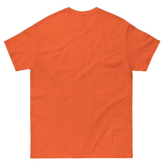 Blank orange short sleeve t-shirt, back view. Plain crew neck tee. Customizable apparel.