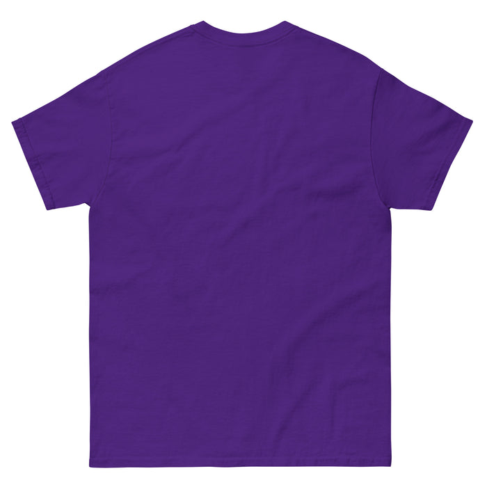 Blank purple t-shirt, back view. Unisex crew neck, short sleeve tee. Plain apparel for customization.