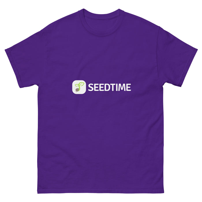 Purple t-shirt featuring the Seedtime logo with a green sprouting plant icon. Gardening apparel and merchandise.