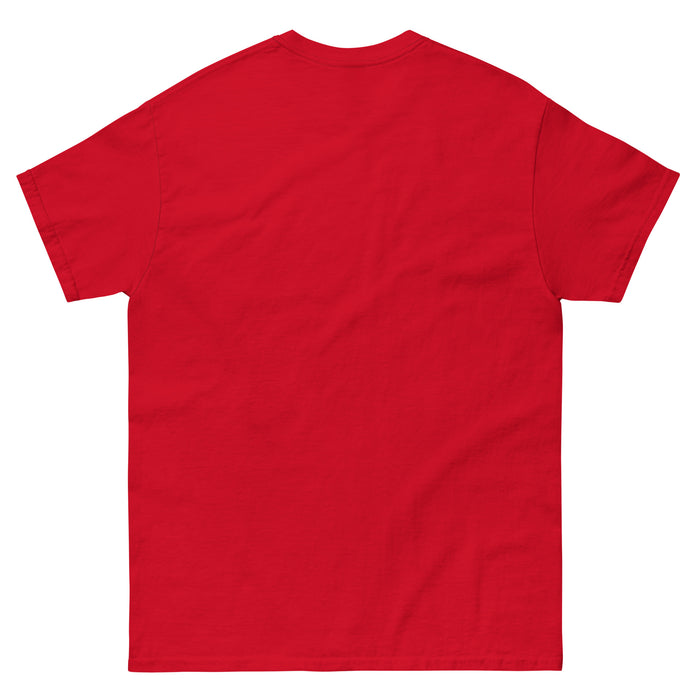 Red crew neck t-shirt, short sleeve, blank back view. Casual apparel, plain tee.
