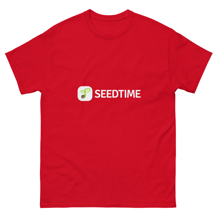 Red Seedtime brand t-shirt with white logo text and a vibrant green sprouting seed graphic.