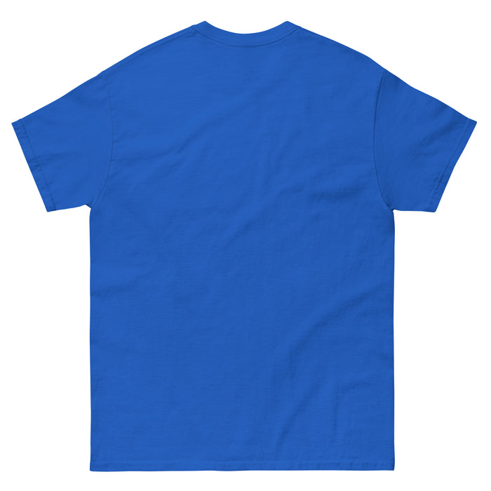 Blank blue short sleeve t-shirt, back view. Crew neck, solid color, perfect for custom apparel.