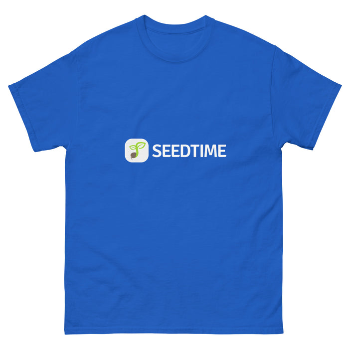 Blue t-shirt with white "SEEDTIME" logo and green sprout icon.