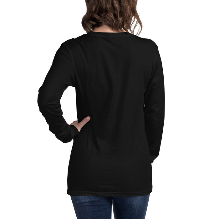 Woman from behind in a blank black long-sleeve t-shirt and jeans. Casual women's black long sleeve tee mockup.