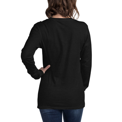 Woman's back in black long-sleeve t-shirt and blue jeans. Blank long sleeve tee mockup for women.