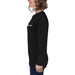 Black long-sleeve t-shirt featuring green sprout Seedtime logo, worn by woman in side profile. Women's casual top.