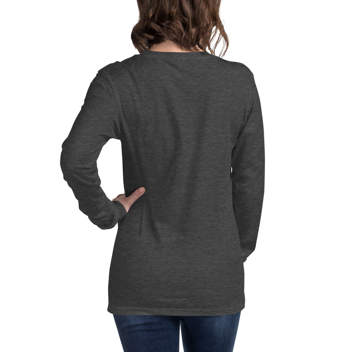 Dark gray heather long-sleeve t-shirt on a woman, back view. Casual charcoal top, blue jeans. Blank apparel mockup.