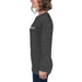 Charcoal grey long sleeve t-shirt with "SEEDTIME" sprout logo, modeled by a woman. Comfortable women's casual apparel.