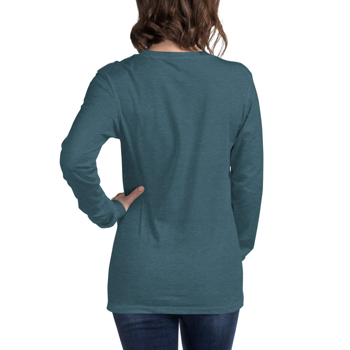 Woman wearing heather teal long sleeve t-shirt, back view. Blank casual women's apparel mockup.