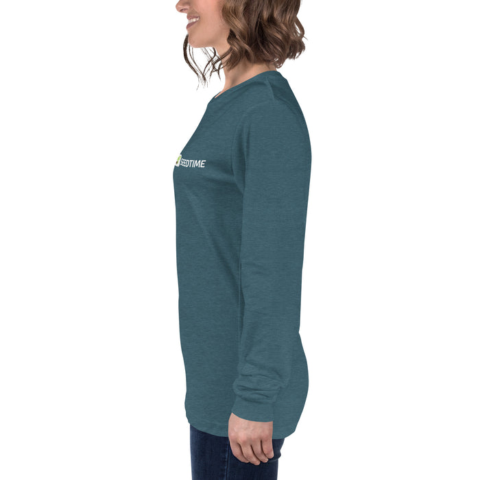 Heather teal long-sleeve t-shirt with Seedtime logo worn by a woman. Casual women's apparel.