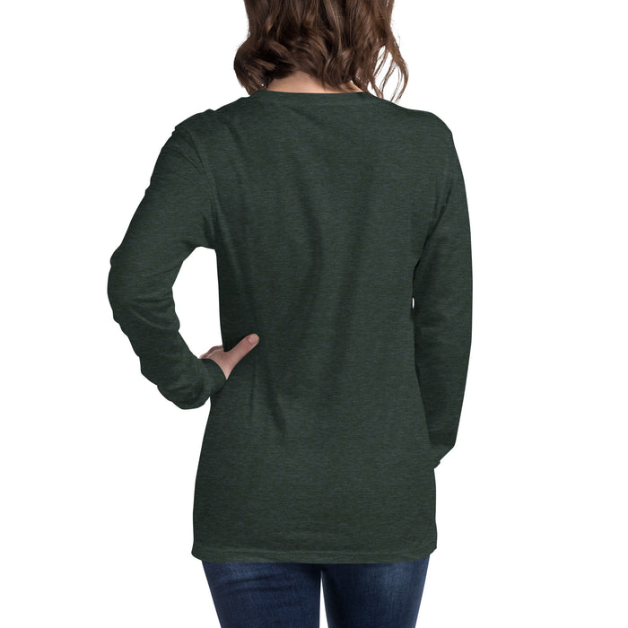 Dark heather green long-sleeve t-shirt on a woman, back view. Blank, comfortable, casual women's apparel.