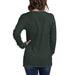 Dark heather green long-sleeve t-shirt on a woman, back view. Blank, comfortable, casual women's apparel.
