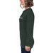 Woman modeling dark green Seedtime long-sleeve t-shirt featuring avocado logo. Comfortable casual women's apparel.