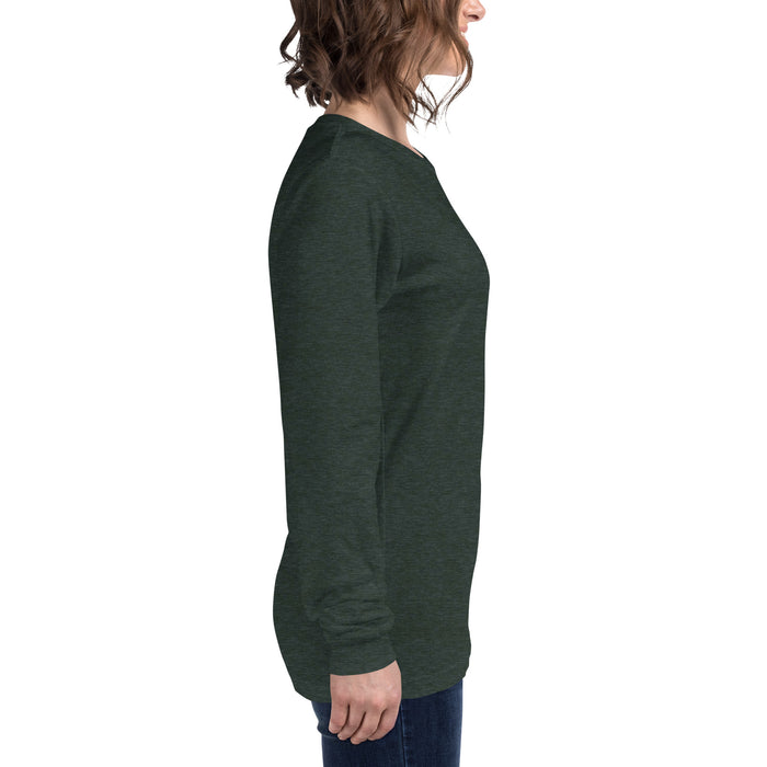 Dark heather green long sleeve t-shirt on a woman, side profile. Crew neck, comfortable women's casual top.