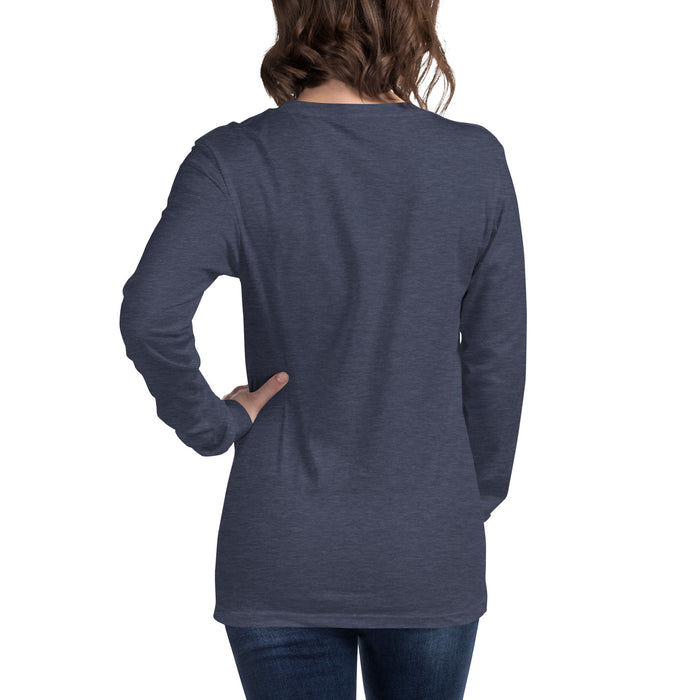 Woman from behind in a dark blue heather long-sleeve t-shirt and jeans. Women's casual apparel mockup.