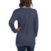 Woman from behind in a dark blue heather long-sleeve t-shirt and jeans. Women's casual apparel mockup.