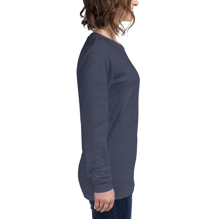 Heather navy blue women's long-sleeve t-shirt, side view. Casual apparel top.