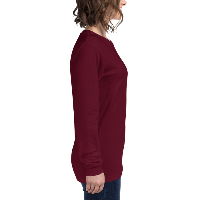 Woman's side profile in a maroon long sleeve t-shirt. Casual burgundy top, comfortable women's apparel.