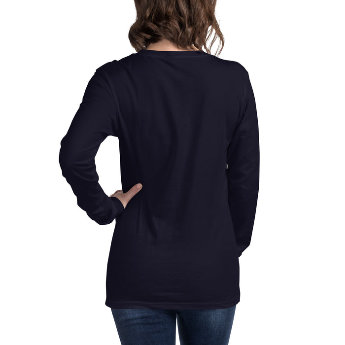 Back view of woman in plain navy blue long sleeve t-shirt and jeans. Casual, comfortable women's apparel.
