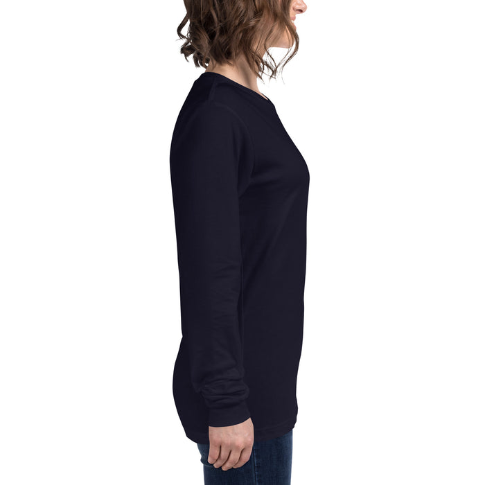 Woman in a navy blue long-sleeve t-shirt, side view. Casual, comfortable women's dark long sleeve shirt for everyday wear.