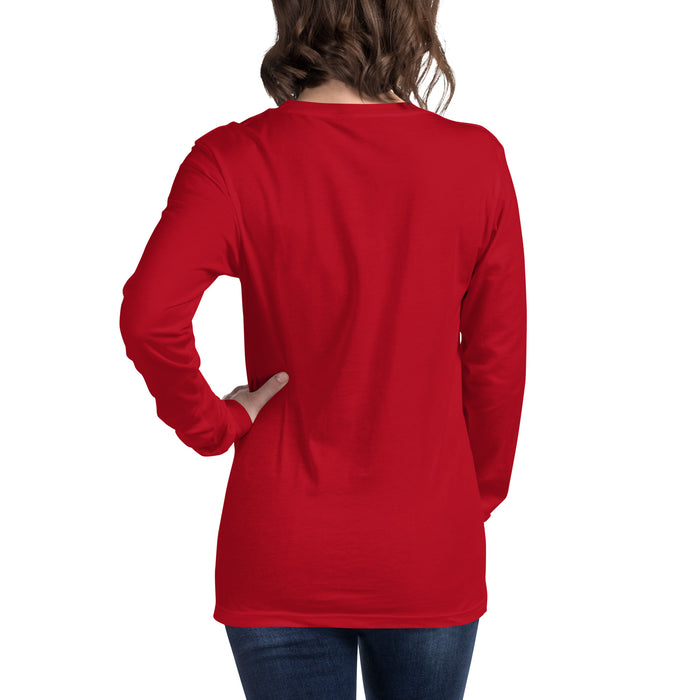 Red long-sleeve t-shirt on a woman, back view. Blank red tee, long sleeve top, women's casual apparel mockup.