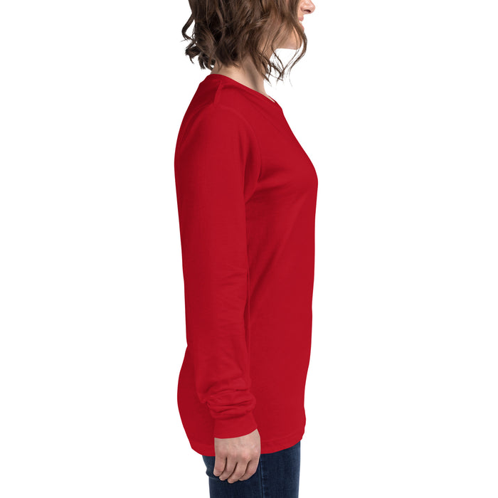 Woman wearing a solid red long sleeve t-shirt, side view. Comfortable women's casual top, versatile apparel.