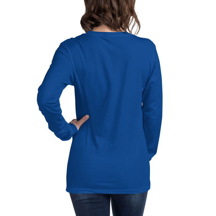 Back view of woman in royal blue long-sleeve t-shirt and dark jeans. Blank blue tee, casual women's top.