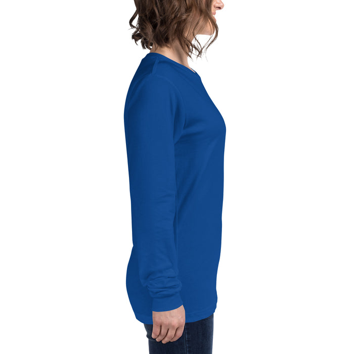 Woman wearing a royal blue long-sleeve shirt, side profile. Comfortable women's blue long-sleeve top for casual wear.