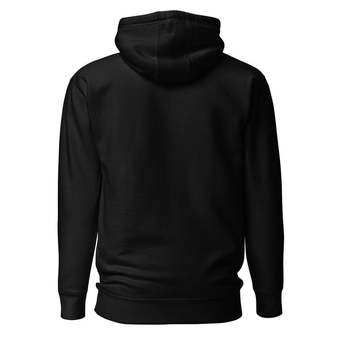 Black blank hoodie, back view. Plain unisex pullover sweatshirt with hood, ribbed cuffs and hem.