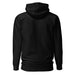 Black blank hoodie, back view. Plain unisex pullover sweatshirt with hood, ribbed cuffs and hem.
